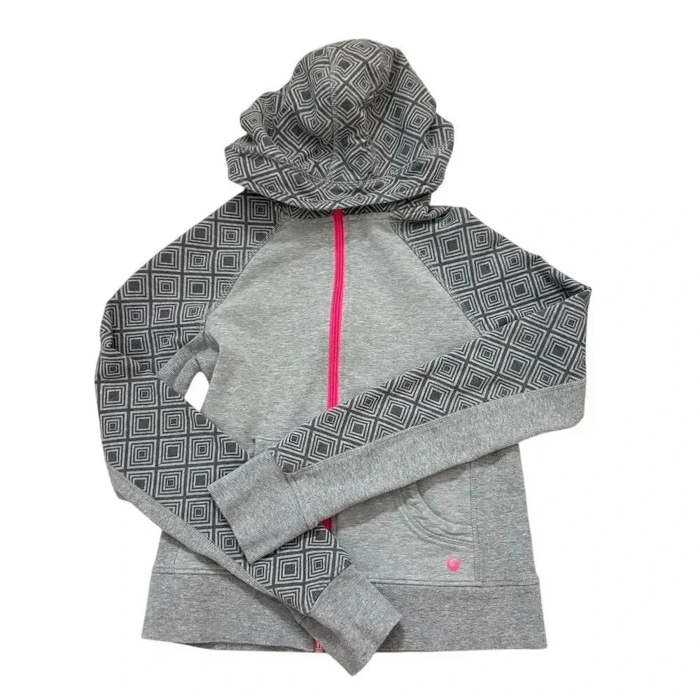 Danskin Girls' Full Zip Hoodie L Gray Pink Accents Geometric Pattern